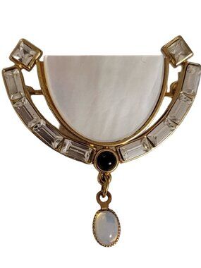 Gold Tone Shell Inlay Clear Rhinestone Moonstone Dangle Brooch Pendant E29